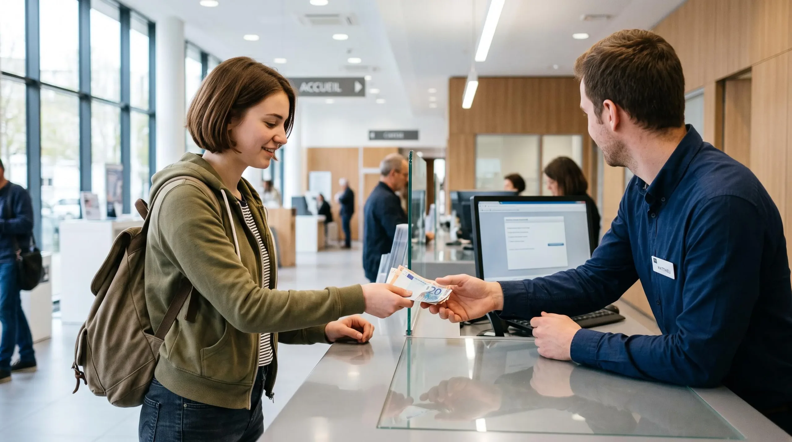 Jeune étudiant effectuant un versement en espèces au comptoir d'une agence bancaire