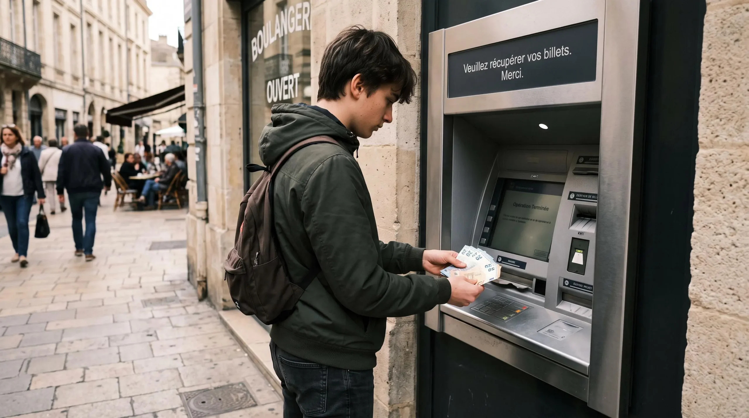 Jeune personne effectuant un retrait à un distributeur automatique bancaire
