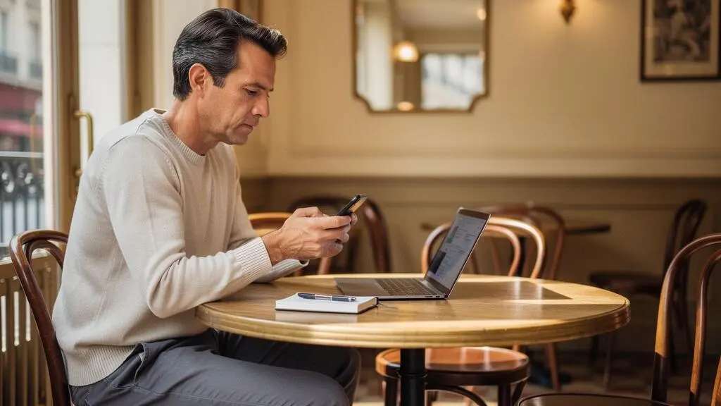 Personne comparant des offres bancaires sur smartphone dans un café français