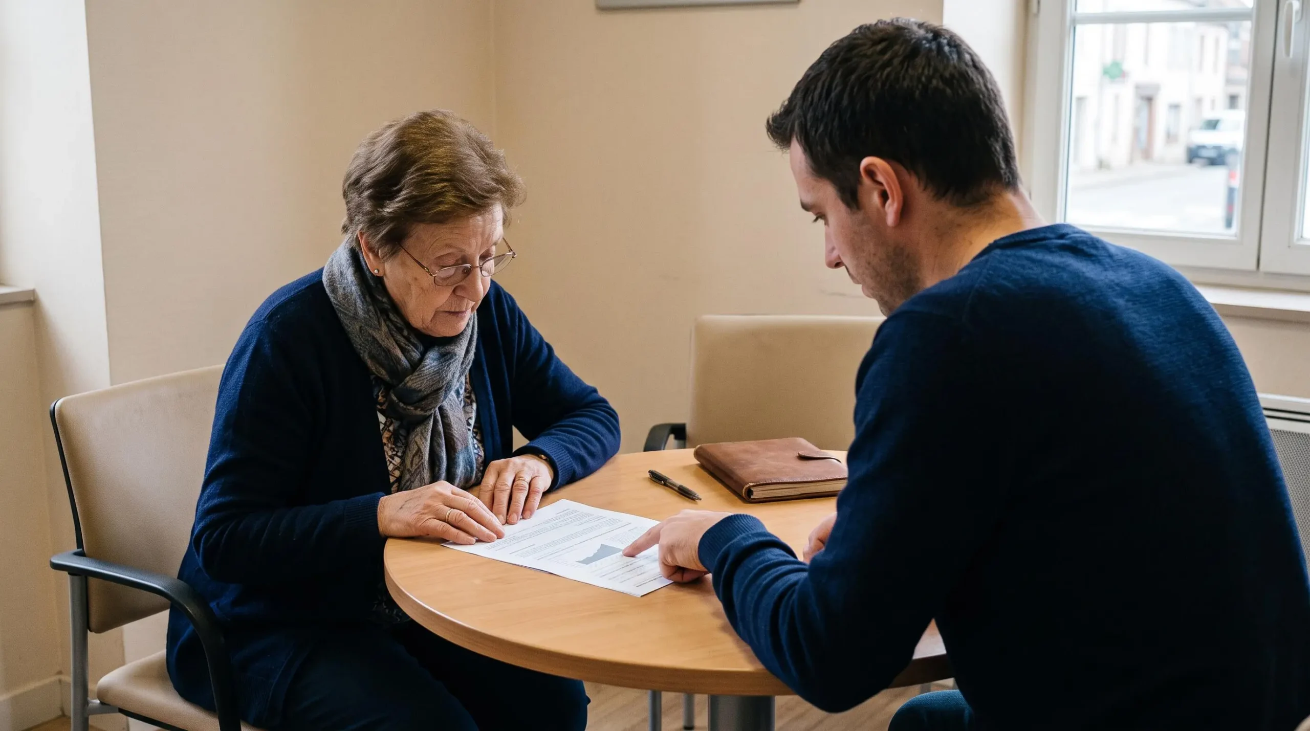 Un conseiller bancaire commente un document papier à une cliente âgée assise à ses côtés dans une salle de rendez-vous.