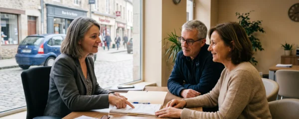 Une conseillère bancaire accueille un couple de clients autour d'un bureau dans une agence bancaire de quartier en France.