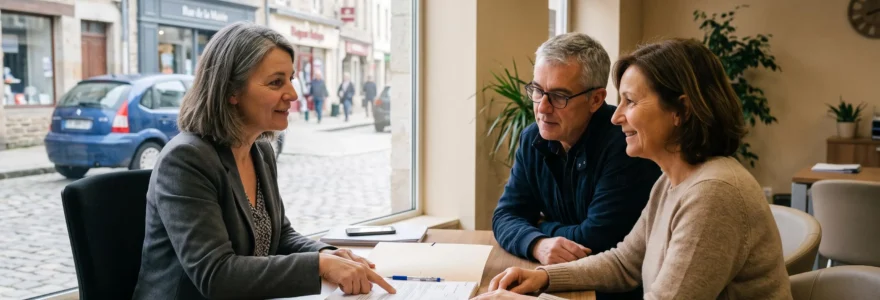 Une conseillère bancaire accueille un couple de clients autour d'un bureau dans une agence bancaire de quartier en France.