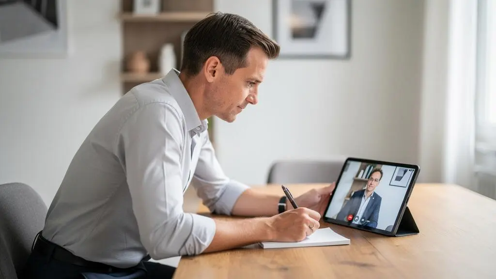 Personne en consultation bancaire à distance via tablette dans un intérieur français