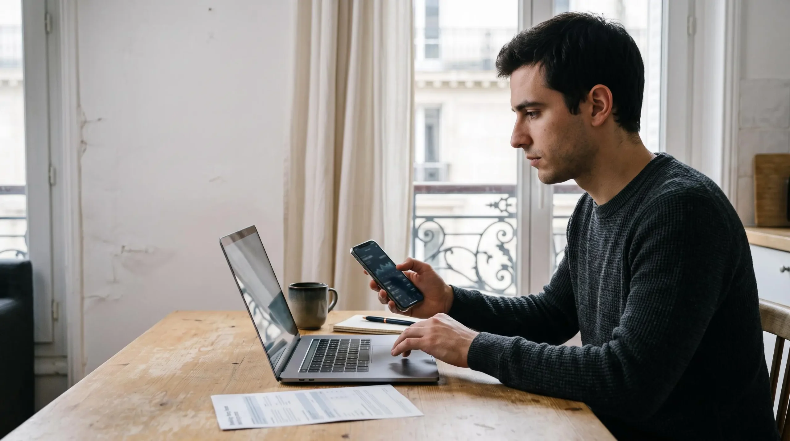 Un jeune homme compare des offres bancaires sur un ordinateur portable et son téléphone à la table de sa cuisine.