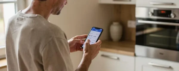 Personne utilisant une application bancaire sur smartphone dans un intérieur domestique français