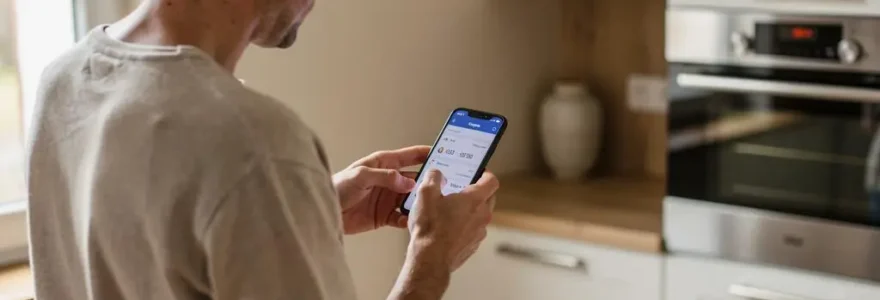 Personne utilisant une application bancaire sur smartphone dans un intérieur domestique français