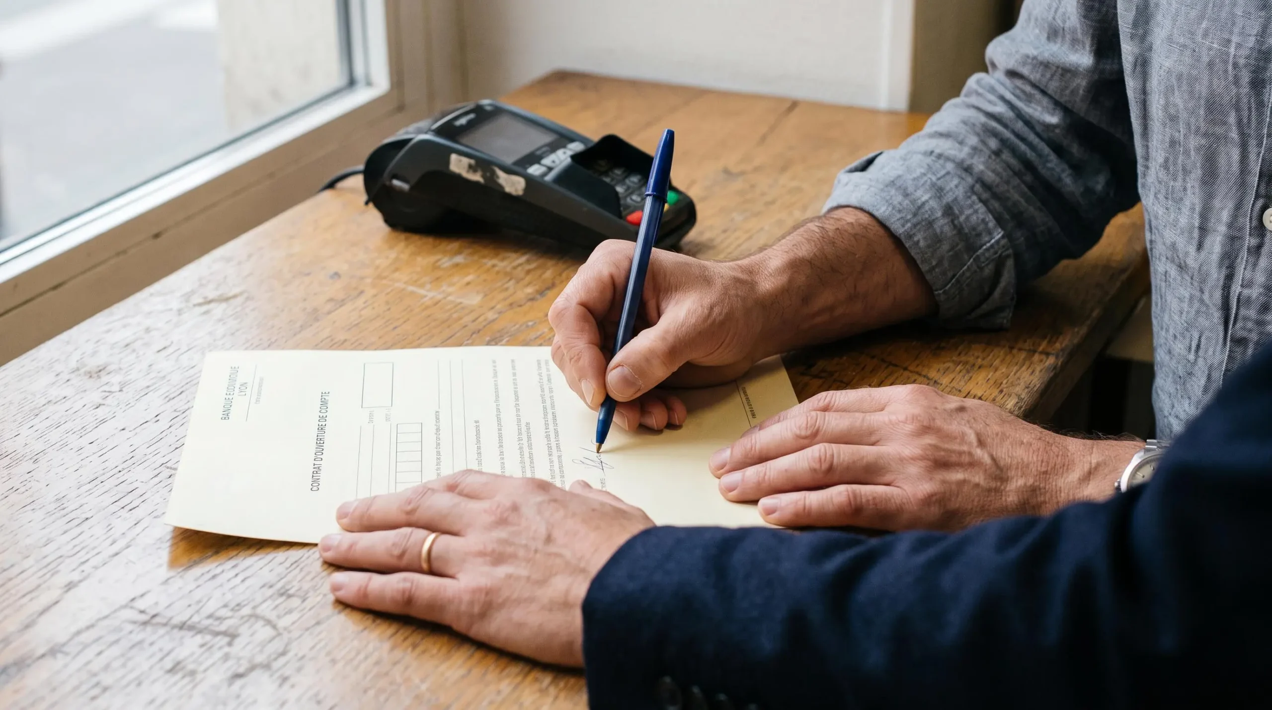 Gros plan sur la main d'un client signant un document d'ouverture de compte posé sur un comptoir en bois.